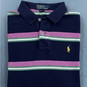 Polo Ralph Lauren Men Classic Fit Stripe Polo Shirt Navy Magenta Pony Large